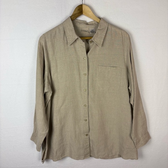 L.L. Bean Beige Tan 100% Linen Button Down Shirt - Picture 1 of 5